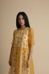 Kanelle-Yellow Sheer Dress With Cut Work Hem-INDIASPOPUP.COM