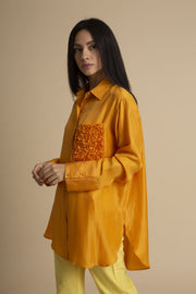 Kanelle-Yellow Oversized Shirt With Pocket Embroidery-INDIASPOPUP.COM