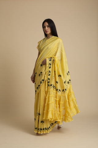 Kanelle-Yellow  Saree With Frill Detail & Top-INDIASPOPUP.COM