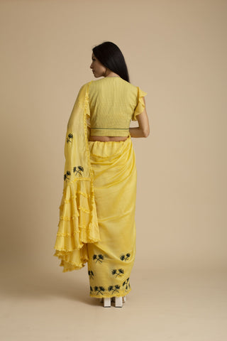 Kanelle-Yellow  Saree With Frill Detail & Top-INDIASPOPUP.COM