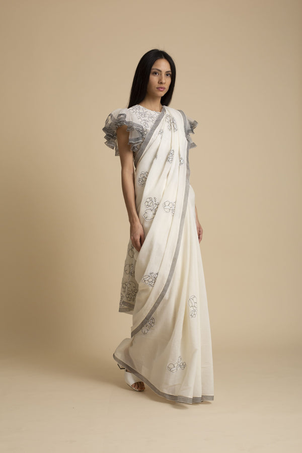 Kanelle-Ivory Patchwork Saree With Top-INDIASPOPUP.COM