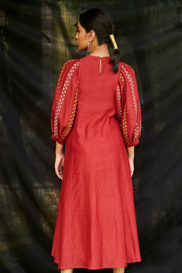 Chandrima-Red Gather Dress Kurta-INDIASPOPUP.COM