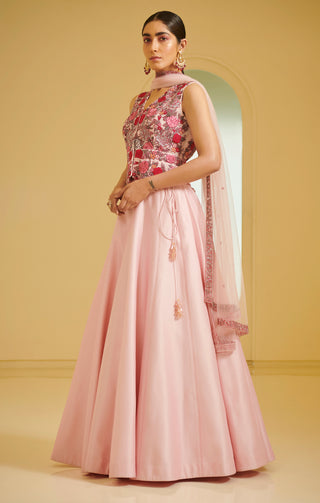 Varun Bahl-Pink Embroidered Zille With Skirt-INDIASPOPUP.COM