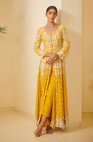 Varun Bahl-Yellow Embroidered Kalidar With Pants-INDIASPOPUP.COM