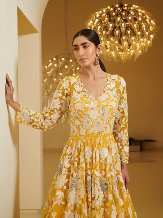 Varun Bahl-Yellow Circular Embroidered Gown-INDIASPOPUP.COM