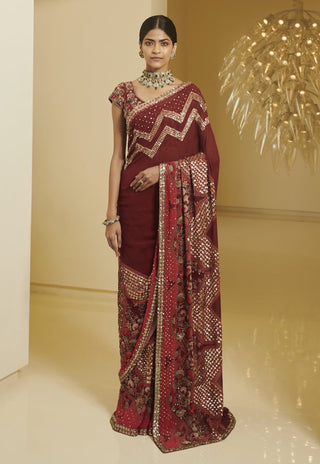 Varun Bahl-Maroon Printed Saree Set-INDIASPOPUP.COM