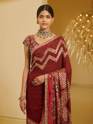 Varun Bahl-Maroon Printed Saree Set-INDIASPOPUP.COM