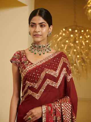 Varun Bahl-Maroon Printed Saree Set-INDIASPOPUP.COM