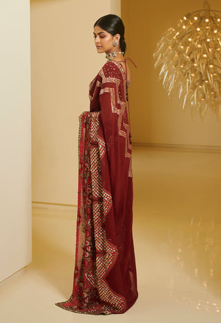 Varun Bahl-Maroon Printed Saree Set-INDIASPOPUP.COM