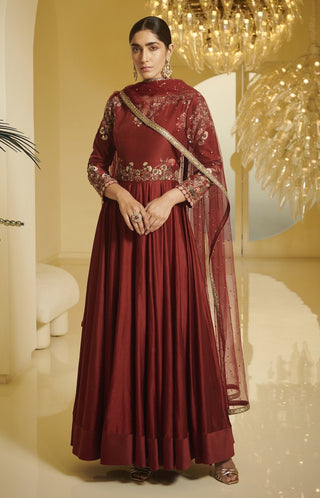 Varun Bahl-Maroon Embroidered Kalidar Kurta Set-INDIASPOPUP.COM