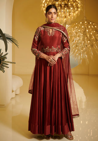 Varun Bahl-Maroon Embroidered Kalidar Kurta Set-INDIASPOPUP.COM