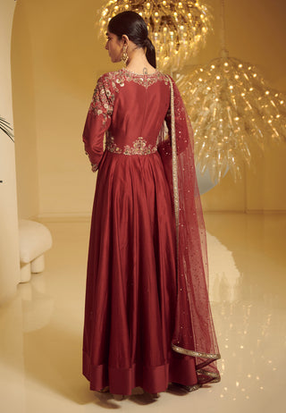 Varun Bahl-Maroon Embroidered Kalidar Kurta Set-INDIASPOPUP.COM