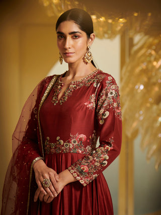 Varun Bahl-Maroon Embroidered Kalidar Kurta Set-INDIASPOPUP.COM