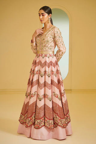 Varun Bahl-Light Pink Chevron Kalidar Set-INDIASPOPUP.COM