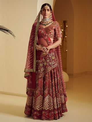 Varun Bahl-Maroon Embroidered Lehenga Set-INDIASPOPUP.COM