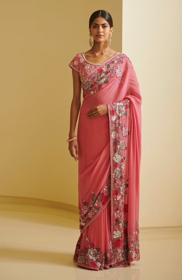 Varun Bahl-Pink Floral Embroidered Saree Set-INDIASPOPUP.COM
