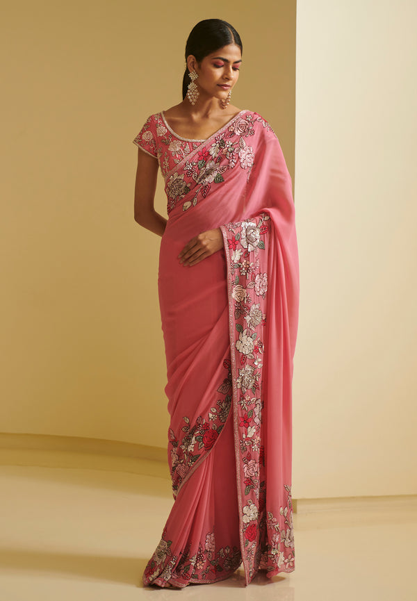 Varun Bahl-Pink Floral Embroidered Saree Set-INDIASPOPUP.COM