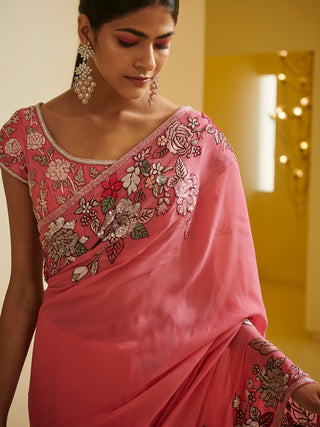 Varun Bahl-Pink Floral Embroidered Saree Set-INDIASPOPUP.COM