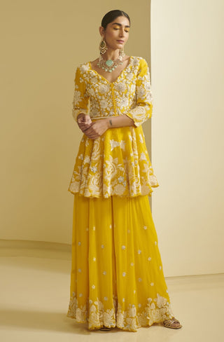 Varun Bahl-Yellow Embroidered Peplum With Sharara-INDIASPOPUP.COM