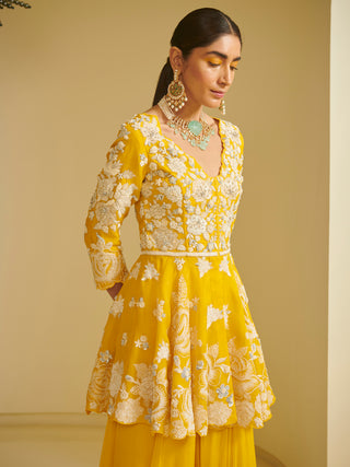 Varun Bahl-Yellow Embroidered Peplum With Sharara-INDIASPOPUP.COM