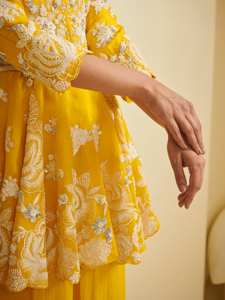 Varun Bahl-Yellow Embroidered Peplum With Sharara-INDIASPOPUP.COM