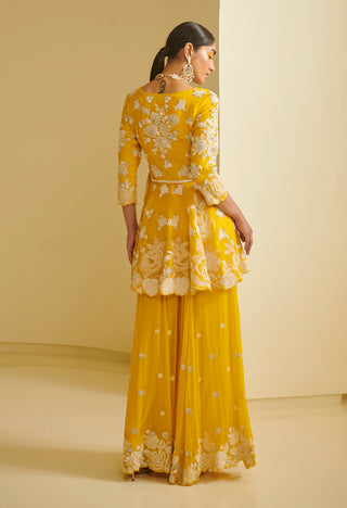 Varun Bahl-Yellow Embroidered Peplum With Sharara-INDIASPOPUP.COM