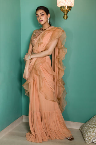 Sanya Gulati-Rose Gold Tonal Embroidered Pre Draped Ruffle Saree-INDIASPOPUP.COM