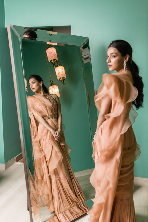 Sanya Gulati, Rose Gold Tonal Embroidered Pre Draped Ruffle Saree