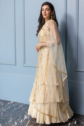 Sanya Gulati-Ivory Tiered Skirt With Blouse And Embroidered Dupatta-INDIASPOPUP.COM