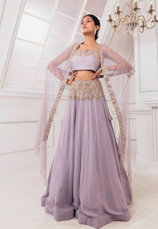 Charu & Vasundhara-Lavender Net Cape With Top & Lehenga-INDIASPOPUP.COM