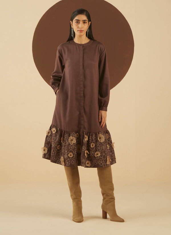 Kanelle-Dark Brown Eliza Embroidered Dress-INDIASPOPUP.COM