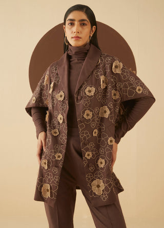 Kanelle-Brown Flora Embroidered Coat-INDIASPOPUP.COM