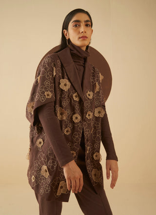 Kanelle-Brown Flora Embroidered Coat-INDIASPOPUP.COM
