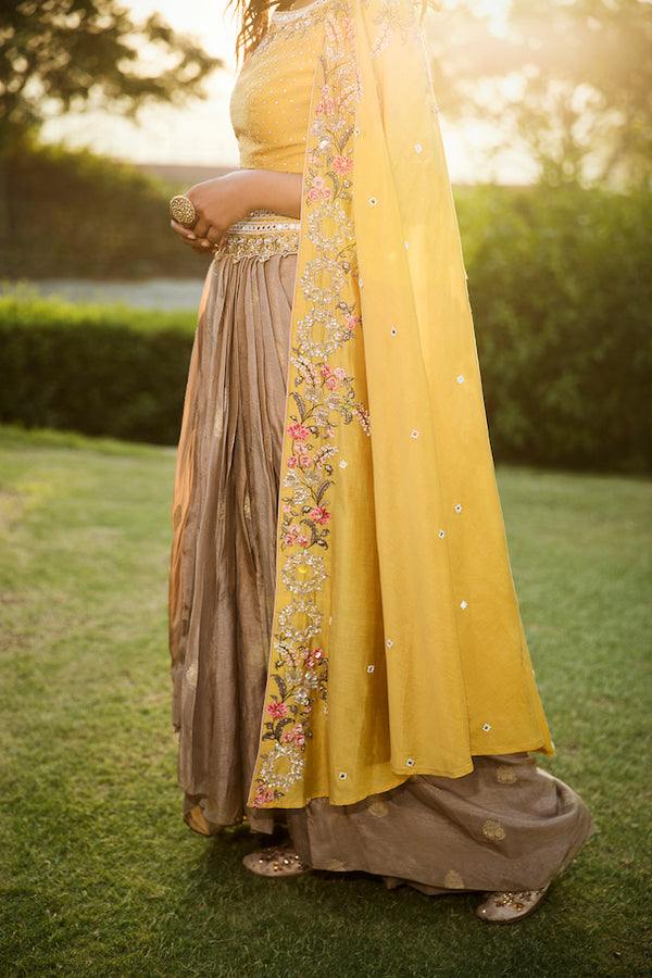 Yellow Sunflower Cape With Blouse And Draped Skirt