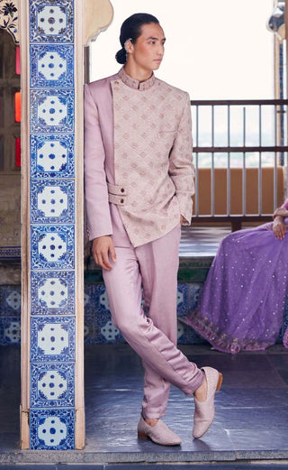 Bindani By Jigar And Nikita-Onion Pink Overlapped Jacket With Pant-INDIASPOPUP.COM