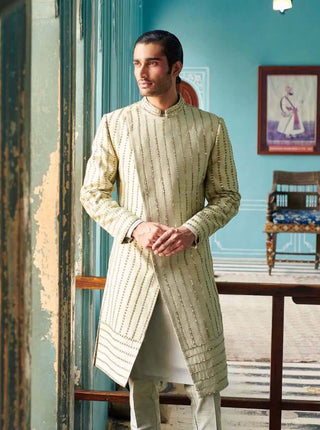 Bindani By Jigar And Nikita-Pale Olive Embroidered Sherwani Set-INDIASPOPUP.COM