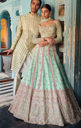 Bindani By Jigar And Nikita-Mint Green Organza Lehenga Set-INDIASPOPUP.COM