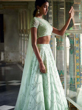 Bindani By Jigar And Nikita-Mint Green Embroidery Lehenga Set-INDIASPOPUP.COM