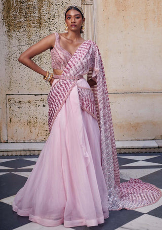 Bindani By Jigar And Nikita-Pink Drape Lehenga Saree Set-INDIASPOPUP.COM