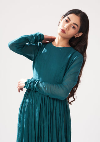 Dot-Peacock Blue Gathered Kurta-INDIASPOPUP.COM