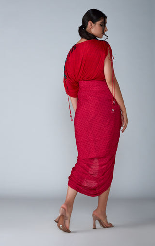 Saaksha & Kinni-Pink Red Abstract Micro Pleated Saree Dress-INDIASPOPUP.COM