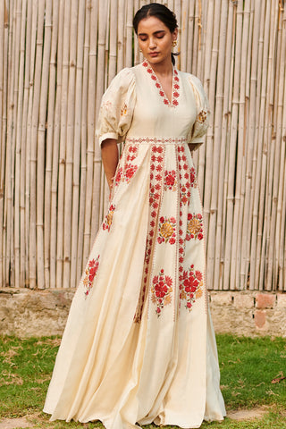 Chandrima-Ivory Pleated Dress With Cutwork Jacket-INDIASPOPUP.COM