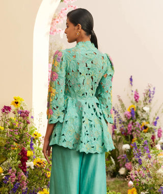 Chandrima-Aqua Cutwork Jacket-INDIASPOPUP.COM