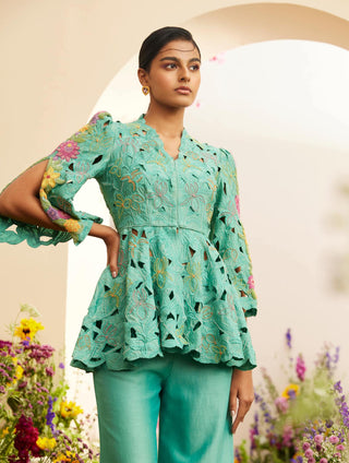 Chandrima-Aqua Cutwork Jacket-INDIASPOPUP.COM