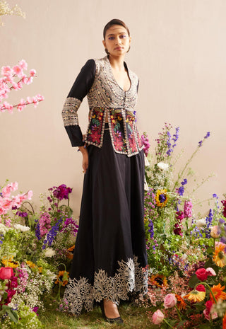 Chandrima-Black Contrast Cutwork Skirt-INDIASPOPUP.COM