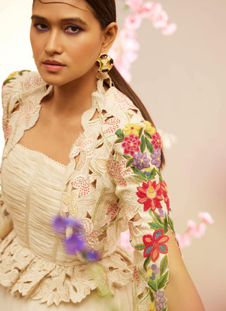 Chandrima-Ivory Cutwork And Beadwork Bolero Jacket-INDIASPOPUP.COM