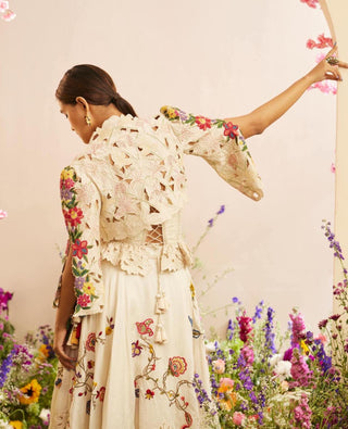 Chandrima-Ivory Cutwork And Beadwork Bolero Jacket-INDIASPOPUP.COM