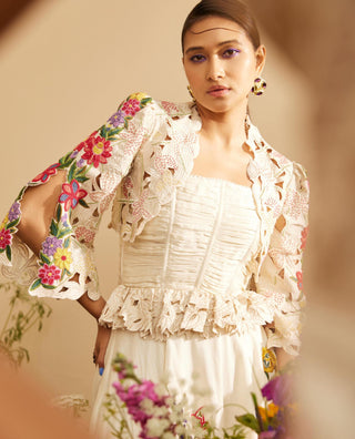 Chandrima-Ivory Cutwork And Beadwork Bolero Jacket-INDIASPOPUP.COM