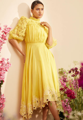 Chandrima-Yellow Ruched Dress-INDIASPOPUP.COM