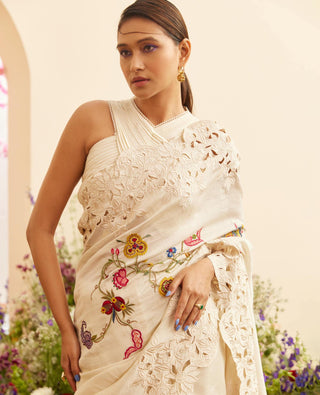 Chandrima-Ivory Embroidered Cutwork Sari With Unstitched Blouse-INDIASPOPUP.COM